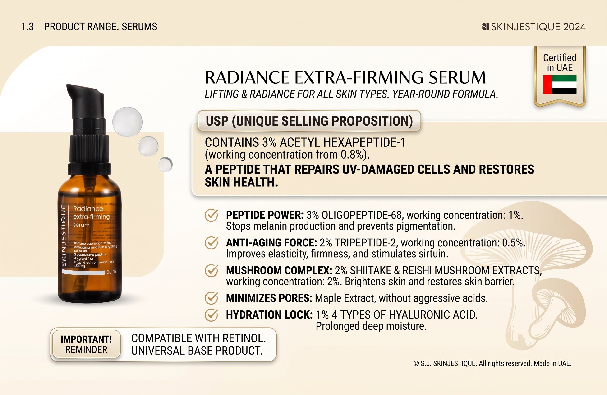 Skinjestique Radiance Extra-Firming Serum – Peptide & Mushroom Complex for Tone & Elasticity (30ml)