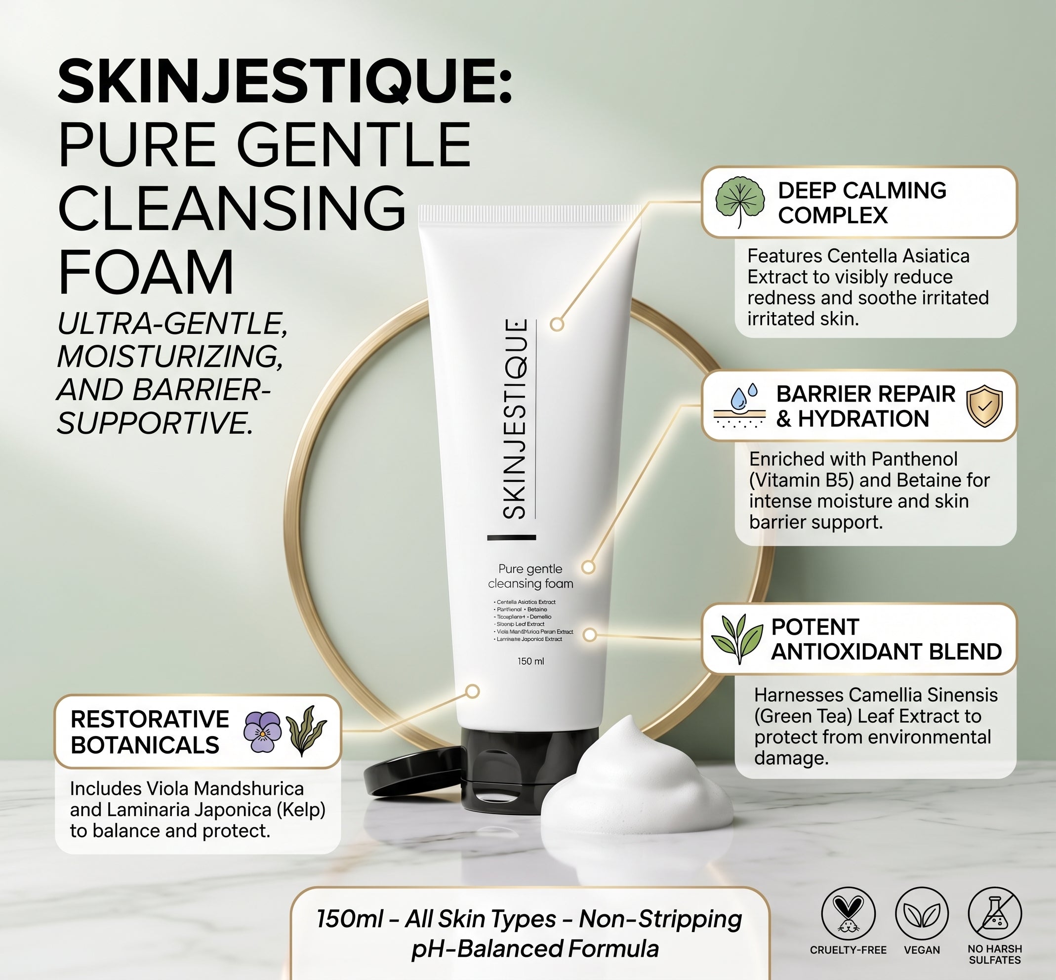 Skinjestique Pure Gentle Cleansing Foam – Calming & Restorative Face Wash (150ml)